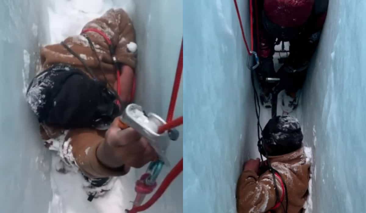 Dem Tod trotzend: Männer lächeln, während sie einen Kameraden retten, der 60 Meter tief in eine Gletscherspalte am Mount Everest gestürzt ist