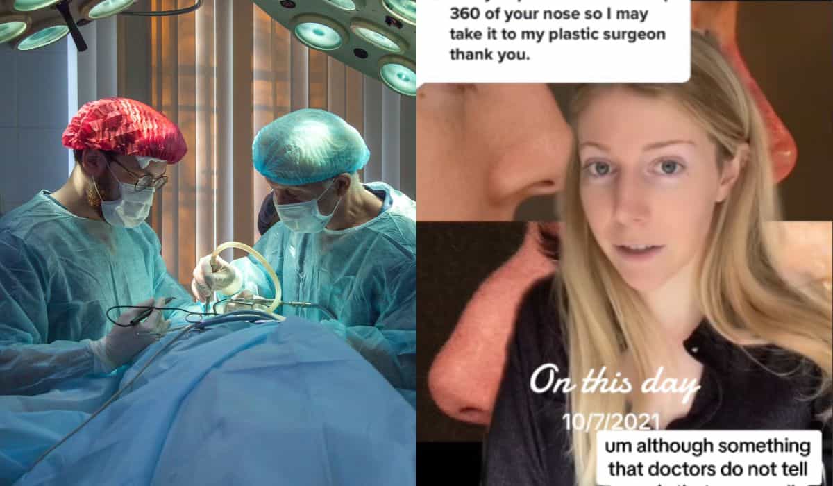 En kvinna visar före och efter plastikkirurgi för att avdramatisera ingreppet