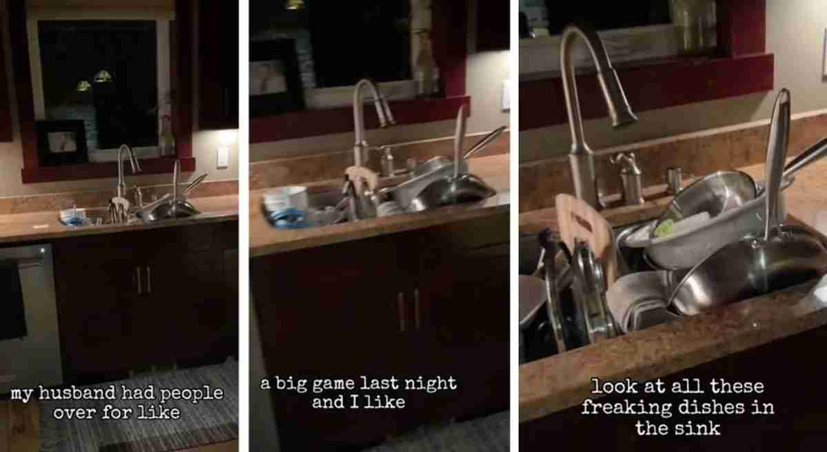 Pile of dirty dishes in the sink. Photo: Reproduction TikTok @susandoingsusanthings